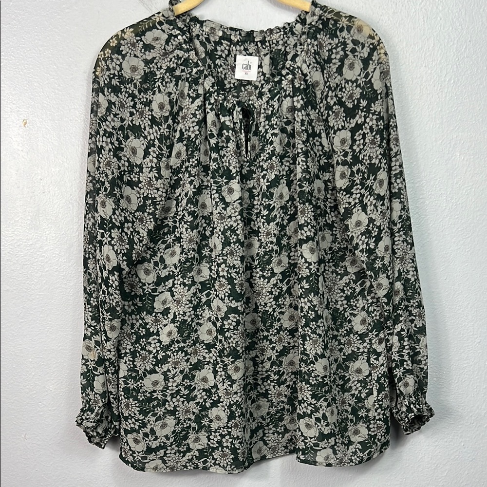 Cabi Green Floral Peasant Split Neck Long Sheer Sleeve Top XS